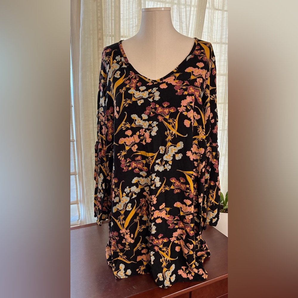 Xhilaration Black Floral V-Neck Dress with Pink, Yellow & White Flowers